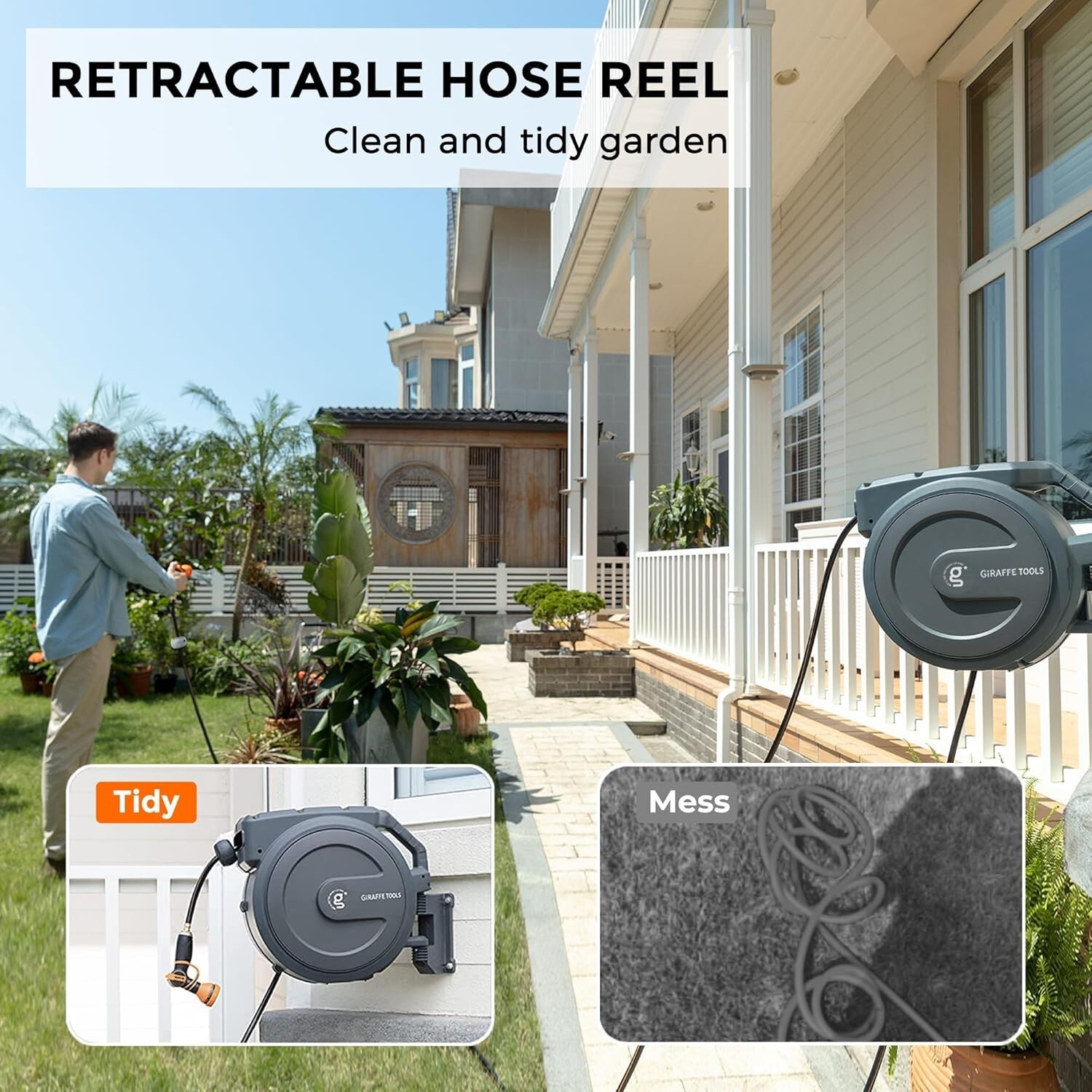 Giraffe Tools Retractable Garden Hose Reel 78-130FT Hose Reel PP & Metal Bracket