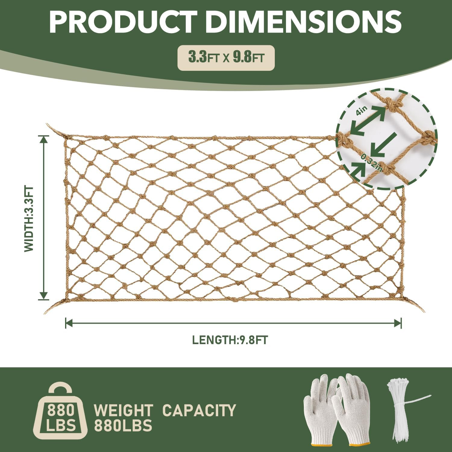 Jute Hemp Rope Net - 3.3X9.8Ft, Outdoor Climbing Net, Balcony and Stair Barrier,