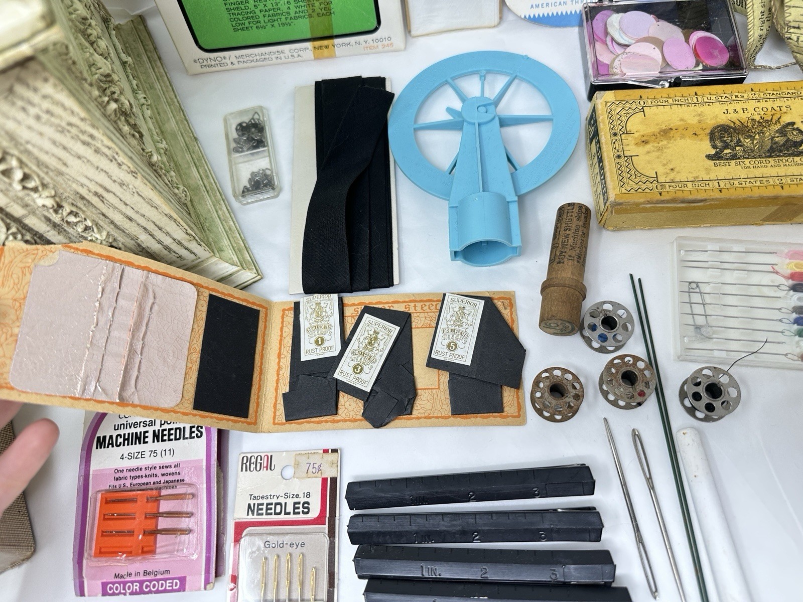 Vintage Max Klein Sewing Box Faux Wood Plastic Storage with Contents Supplies