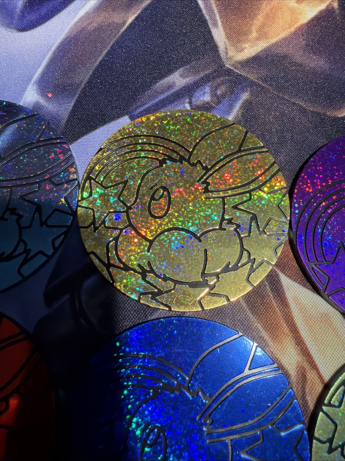 Set Of 7 Pokemon PRISMATIC EVOLUTIONS Jumbo Eevee Coins Sparkle Red Blue Pink