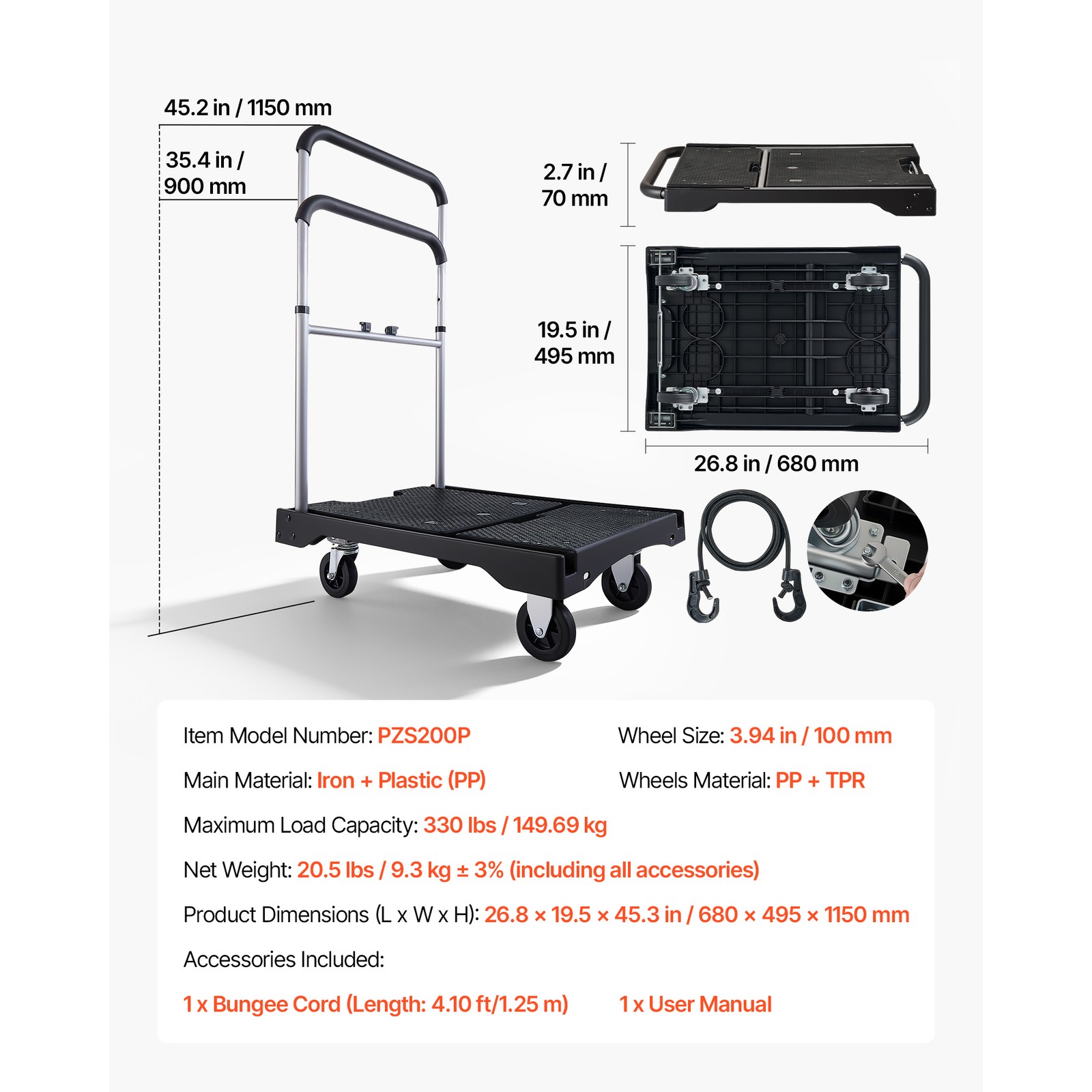 Uimoso Foldable Push Cart Dolly 330 lbs Capacity Folding Hand Truck with Wheels