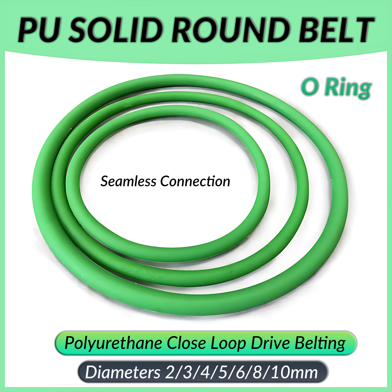 PU Green Solid Round Belt Polyurethane Close Loop Drive Belting Diameters 2-10mm