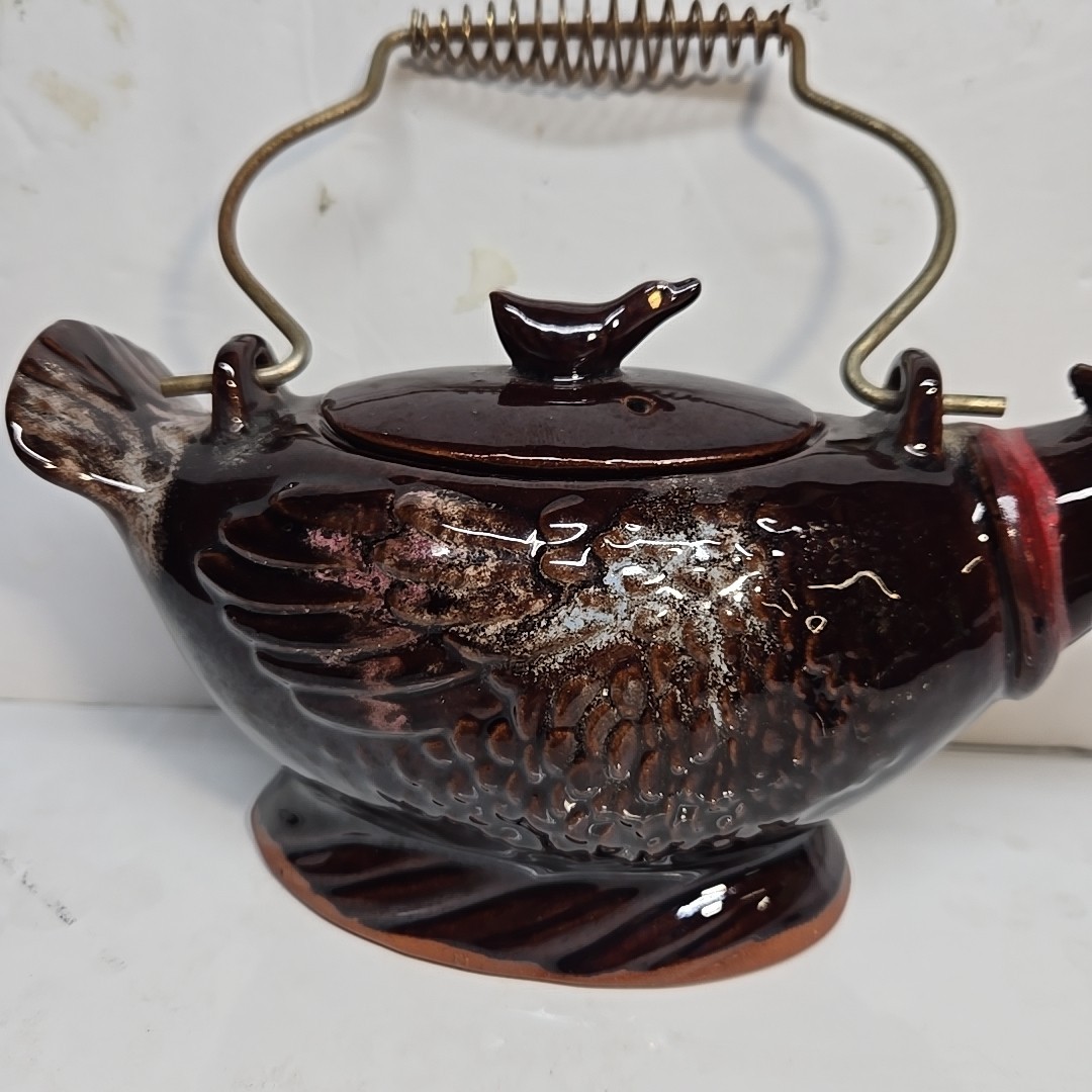 Vintage 1950's Redware Bird Shaped Teapot with Metal Spirl Handle 10in Long