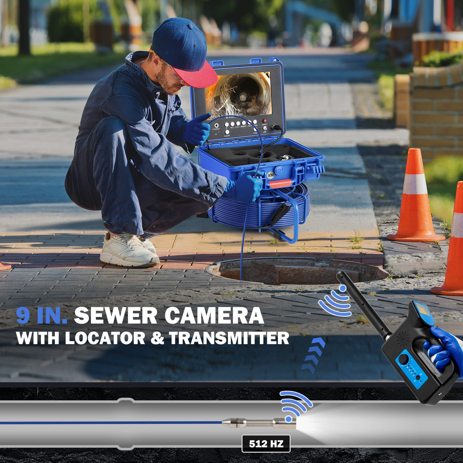 9" Self-Leveling Sewer Camera 32GB w. Locator 164ft /50m Digital Length Counter