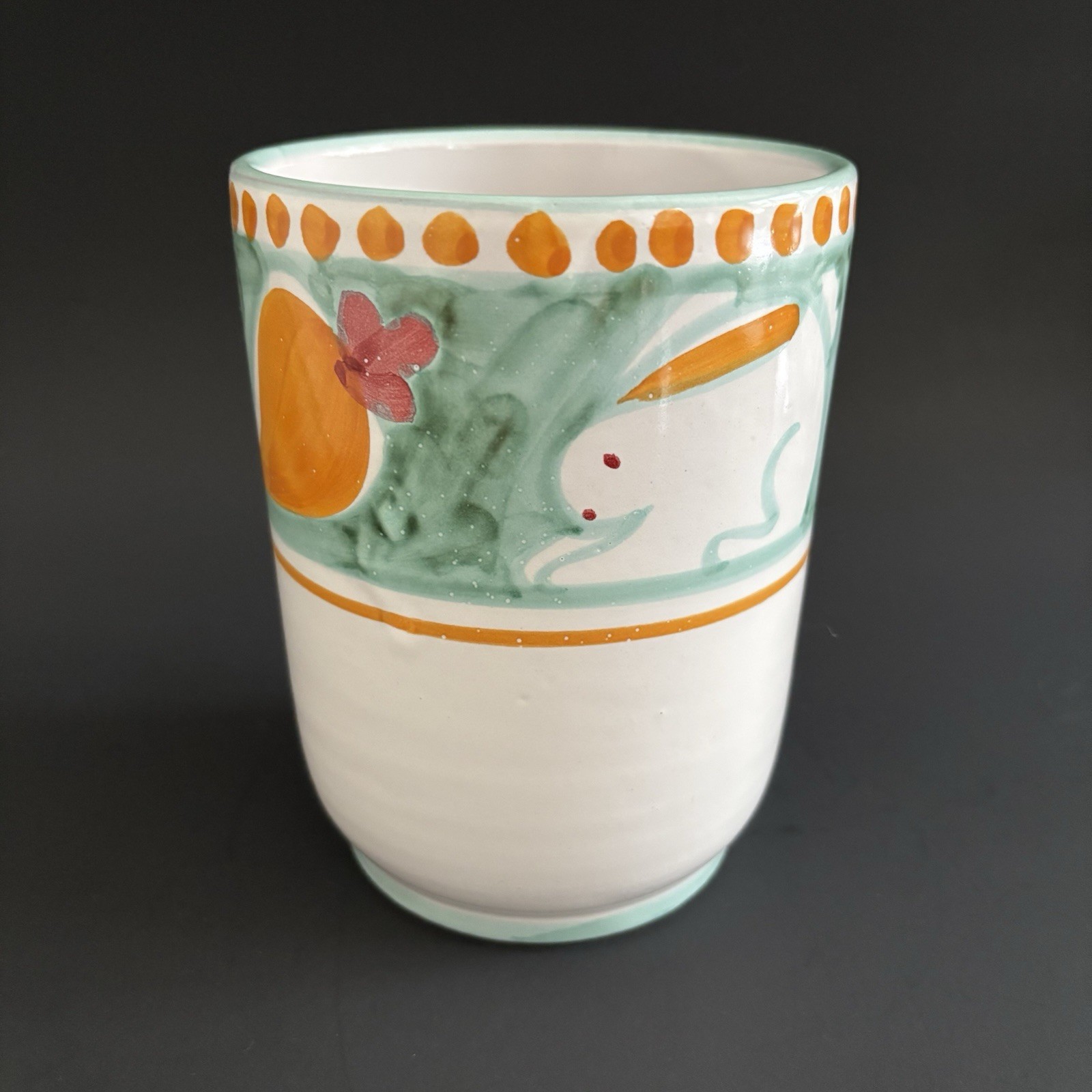 Solimene Vietri  Bunny Rabbit Carrot 6.25” Utensil Crock Jar Container Italy