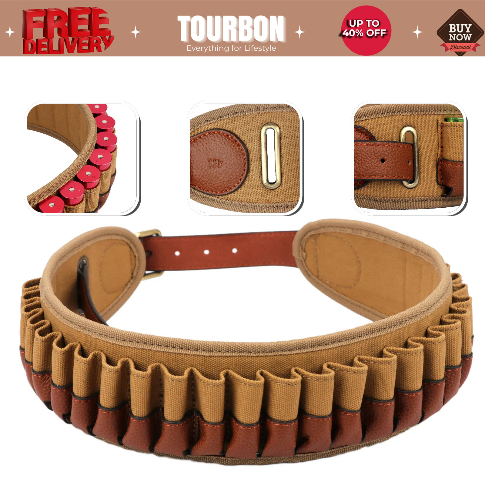 TOURBON Canvas Bandolier Cartridges Belt Shotgun Shell Holder 12GA Ammo Carrying