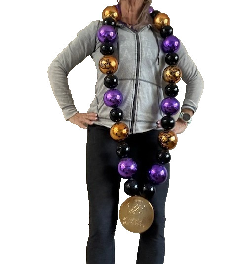 Jumbo Mardi Gras Bead Necklace Bud Light Branded Purple Black Gold 42 Inch
