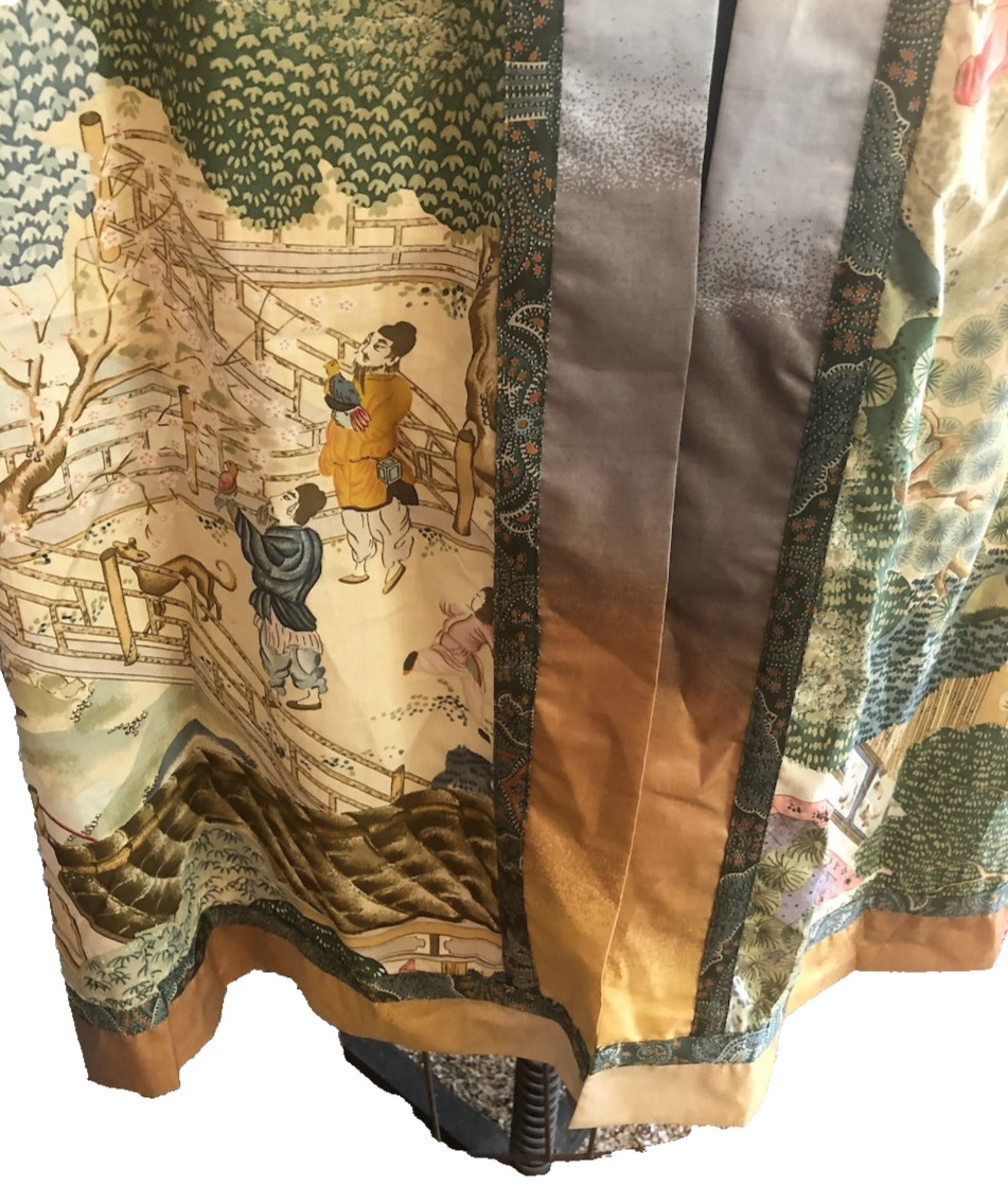 Handmade Cotton Kimono Robe with Obi Sash, Chinoiserie Print S