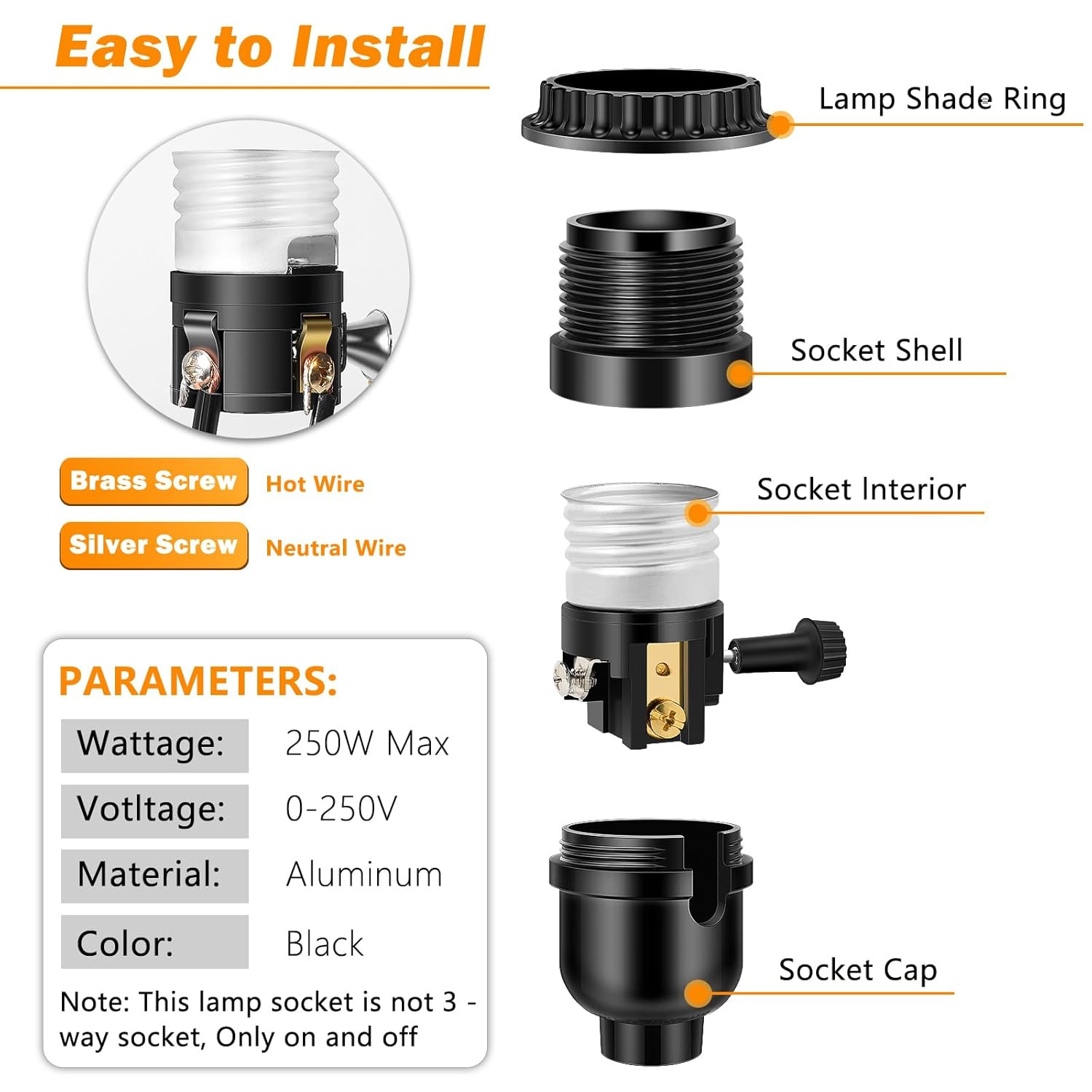 UL Listed E26 Light Socket, Threaded Lamp Socket Replacement with On/Off Switch