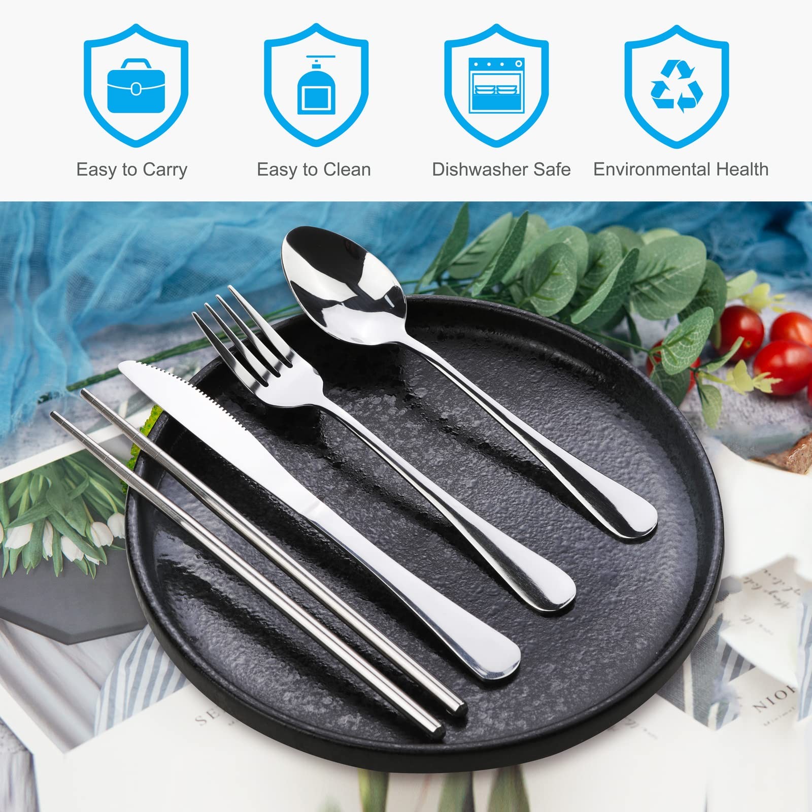 Portable Silverware Set with Case, Lengnoyp Travel Camping Utensils Set, Prem...