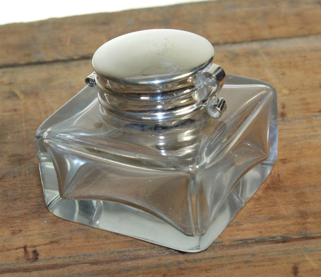 Vintage Antique Style Square Clear Glass Inkwell Bottle ink