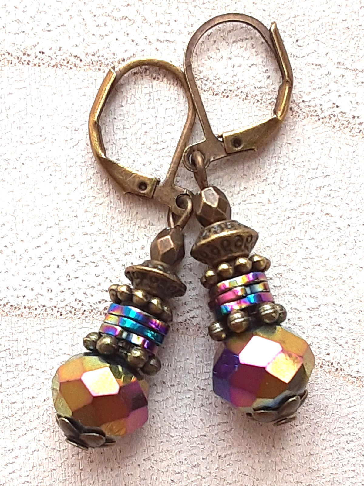 RAINBOW CRYSTAL & HEMATITE Colorized Crystal earring bronze Leverback #DMX