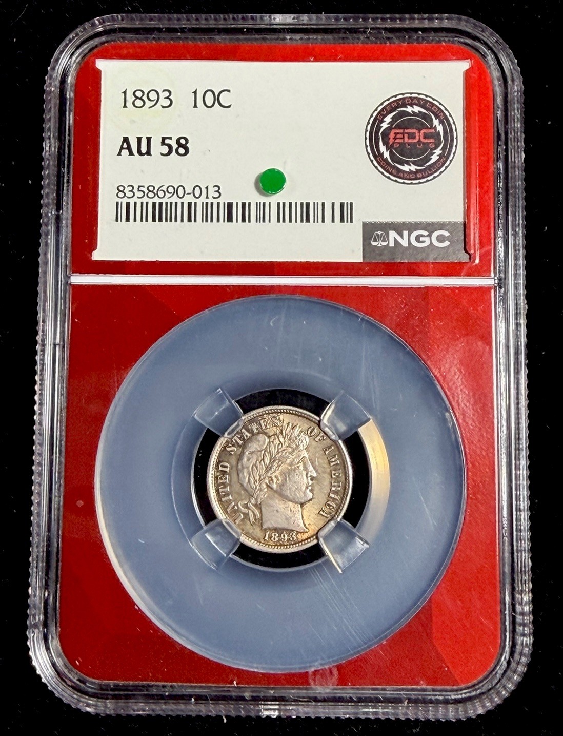 1893-O Barber Dime - NGC AU58 -EDC PLUS HOLDER