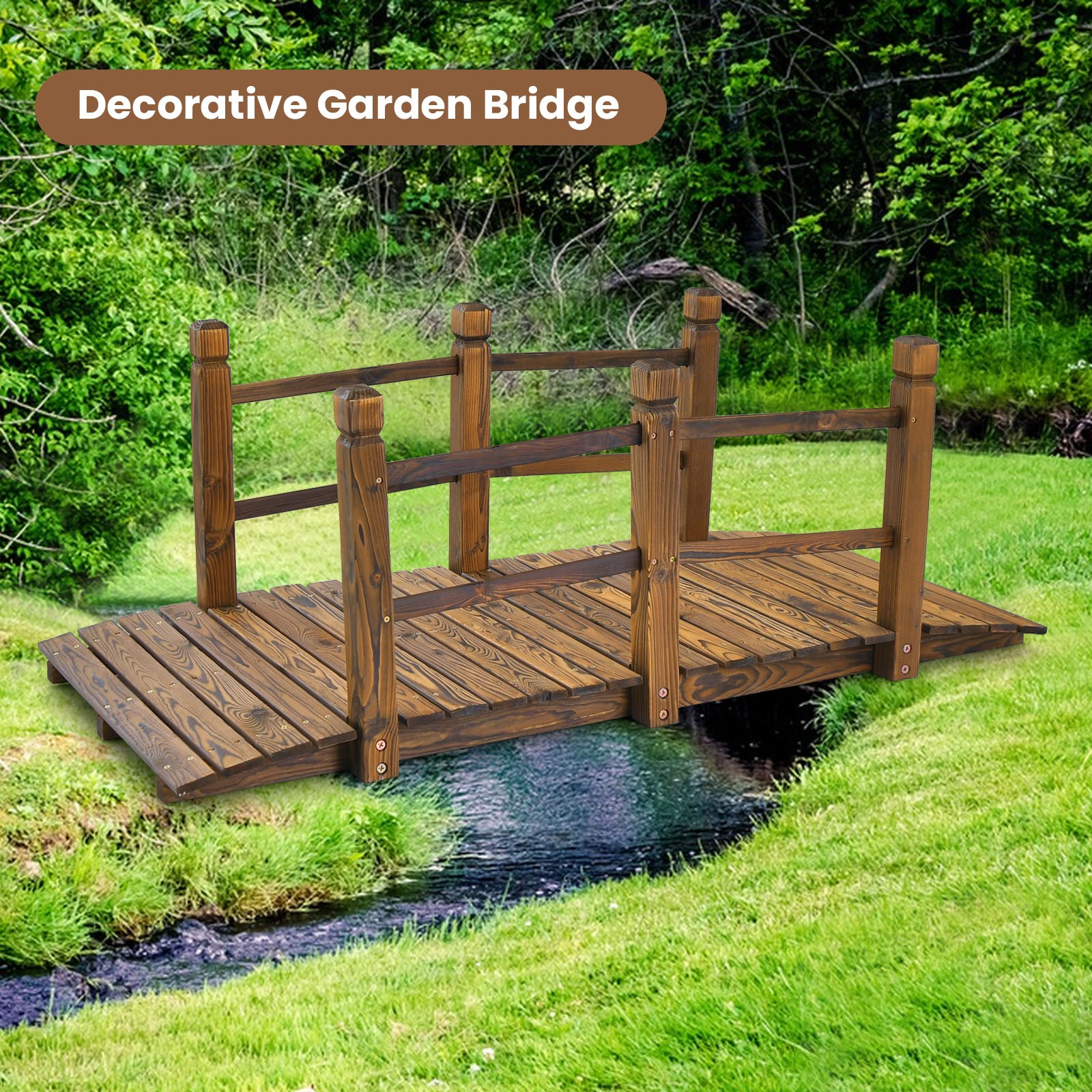 Wooden 5 FT Garden Bridge Decorative Stained Finish Footbridge w/Safety Rails