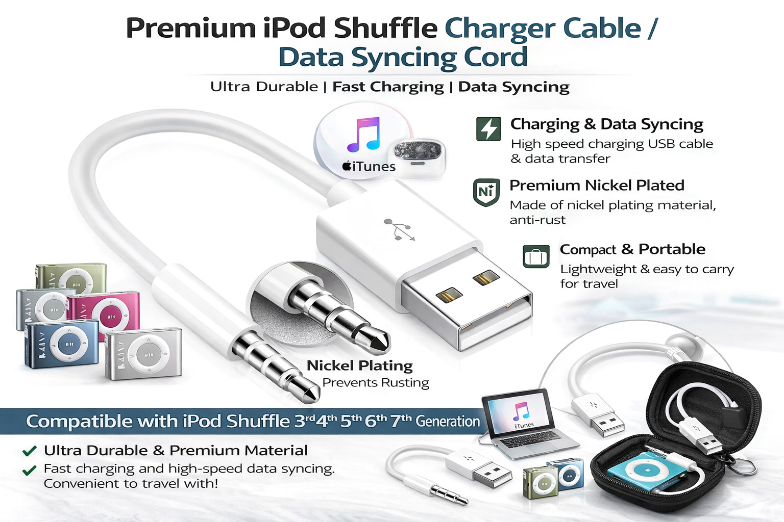 USB Charger Data SYNC Cable for Apple iPod Shuffle 3rd 4th 5th 6th 7th Gen 3.5mm