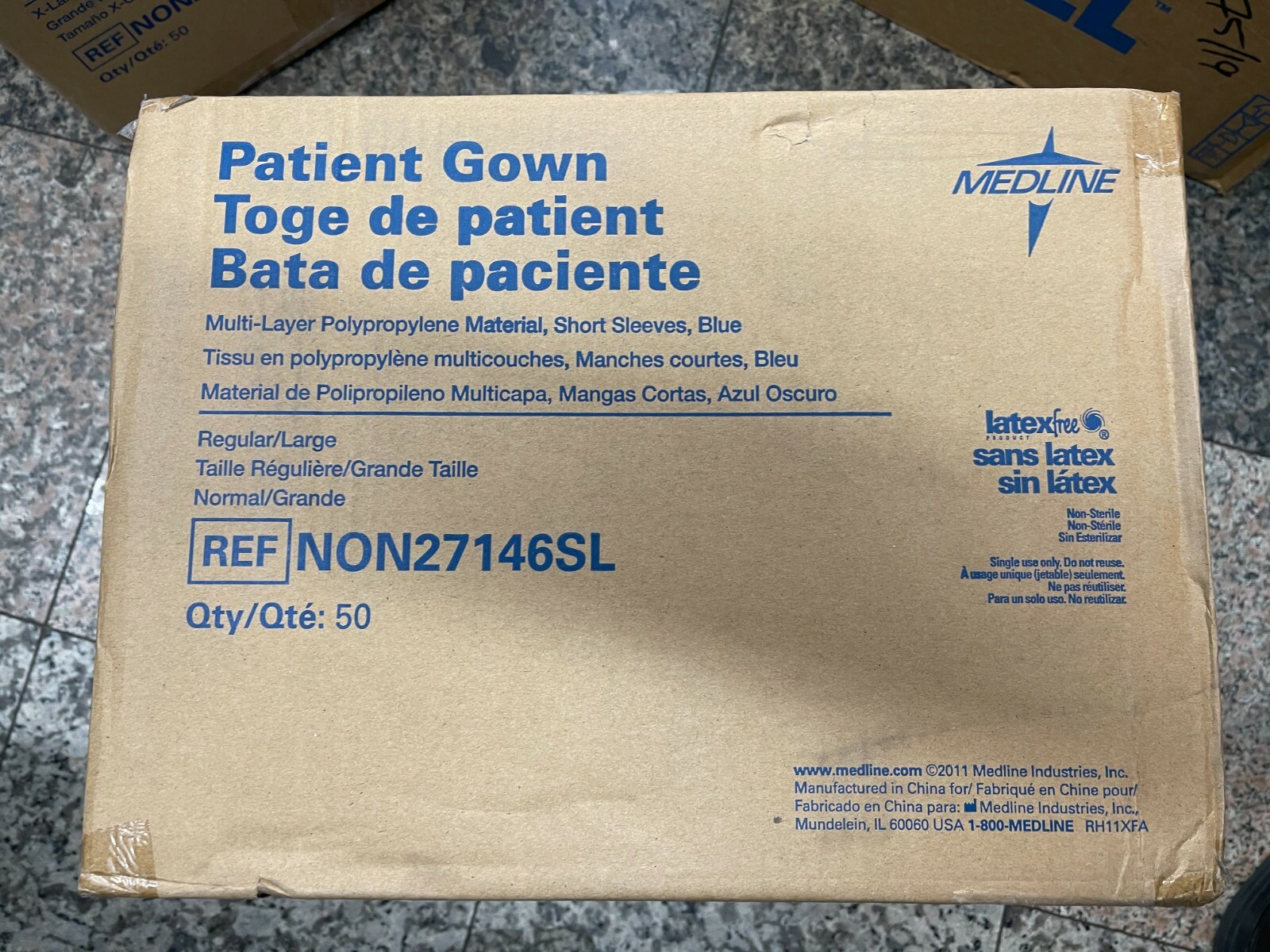 Case of 50 Medline Disposable Patient Gowns Multi-Layer Blue Short Sleeves Large