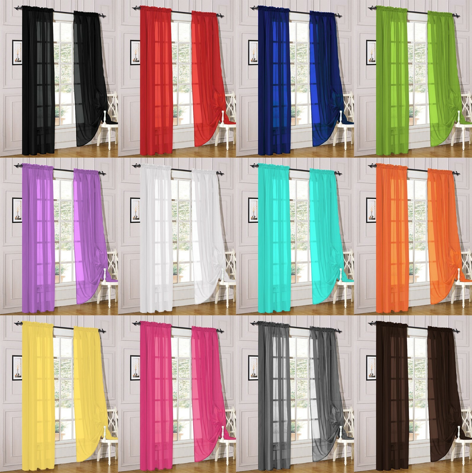 2 Piece Sheer Voile Rod Pocket Window Panel Curtain Drapes Many Sizes & Colors