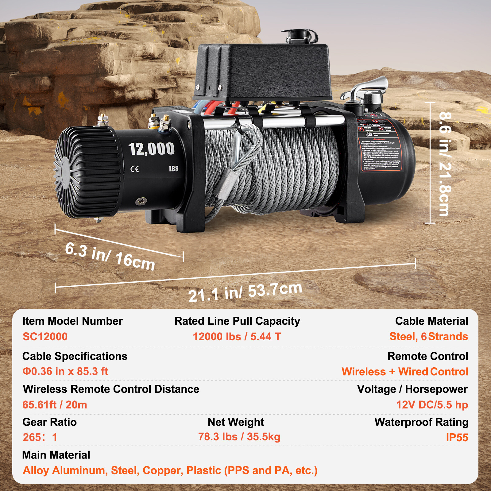 12000LBS Electric Winch 12V 85FT Steel Cable Truck Trailer Towing Off-Road 4WD