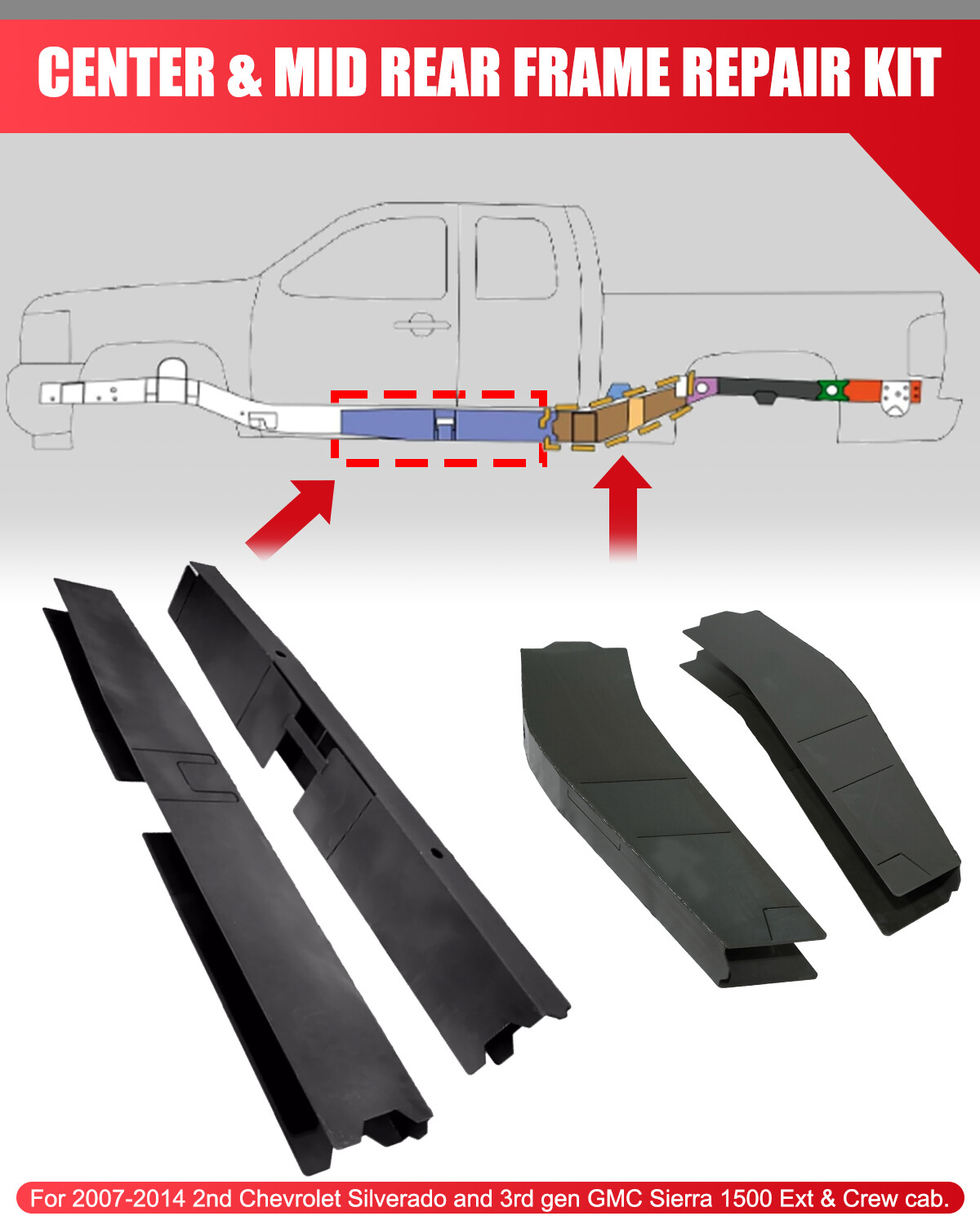 Center & Mid-Rear Frame fits 2007-2014 2nd/3rd gen Chevrolet Silverado Ext &Crew