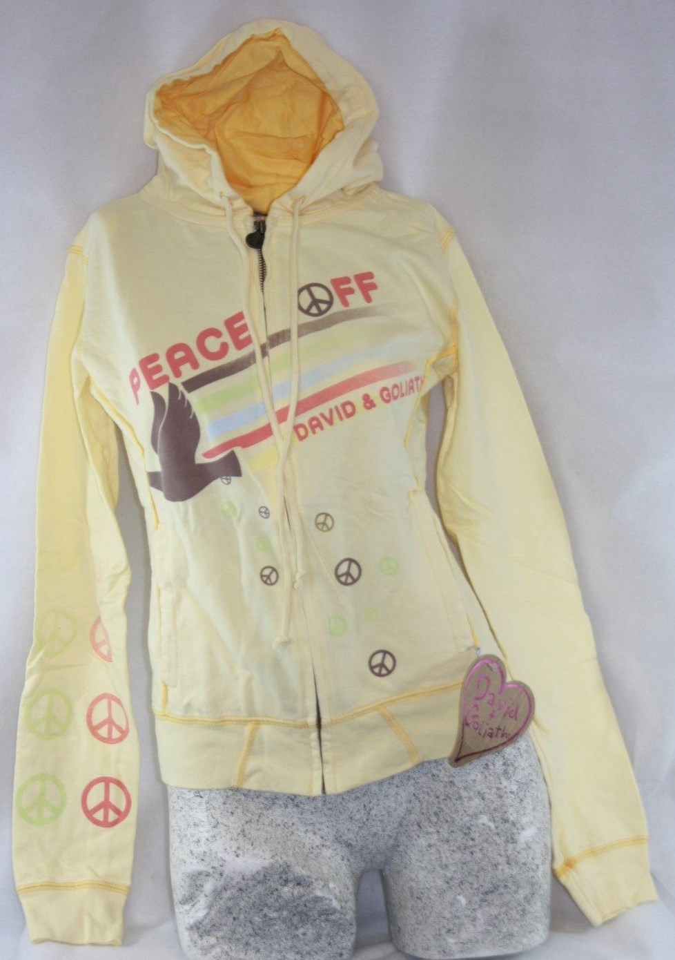 Womens Juniors David & Goliath Yellow Peace Off Full Zip Up Hoodie Sweatshirt