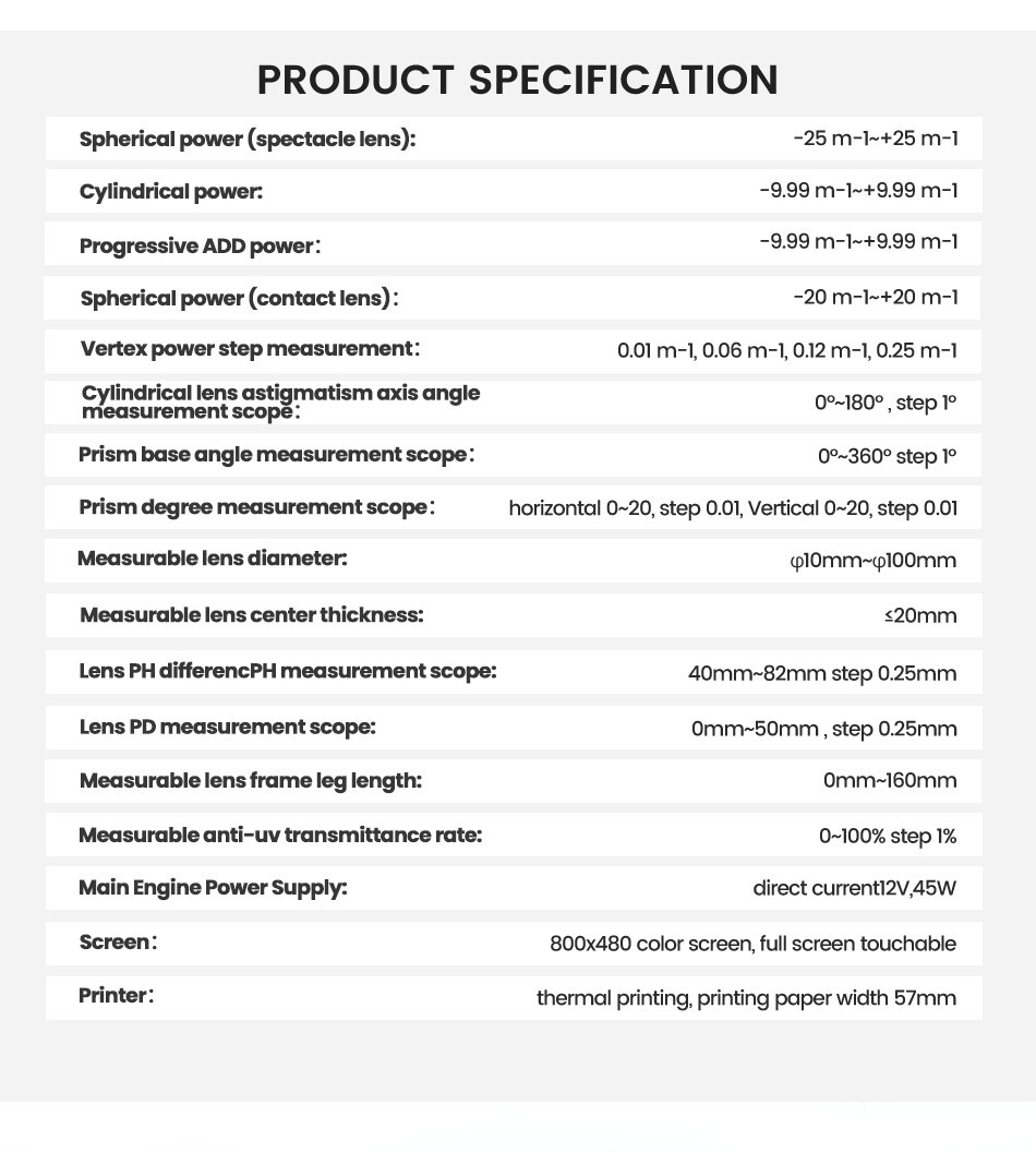 Multi-function Auto Lens Meter Touch Screen Uv Pd Printing Focimeter Lensometer