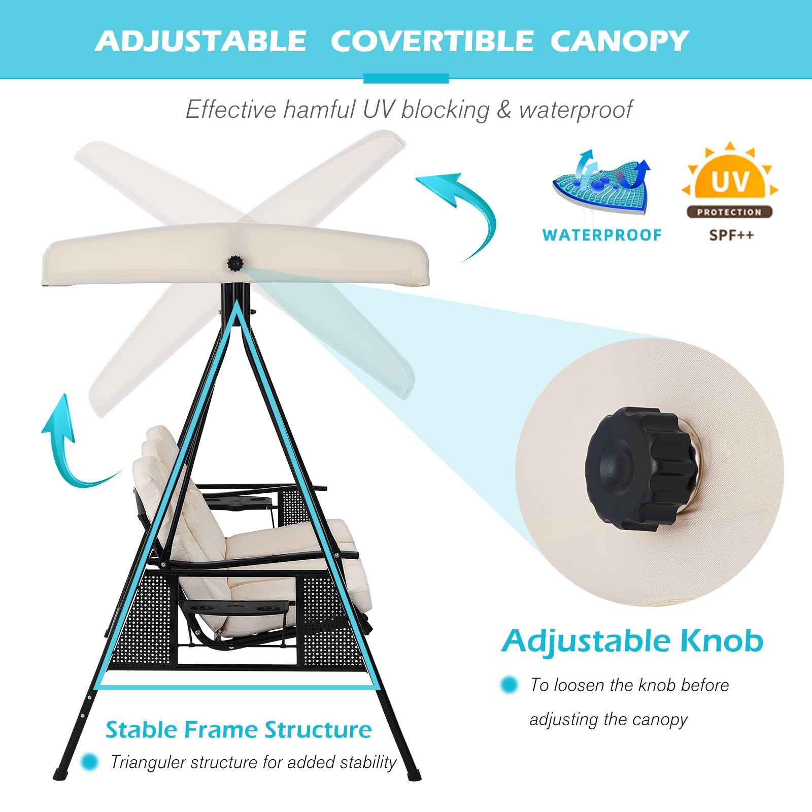 3-Person Outdoor Patio Swing Chair w/Adjustable Canopy Cover &Steel Frame 3 Type
