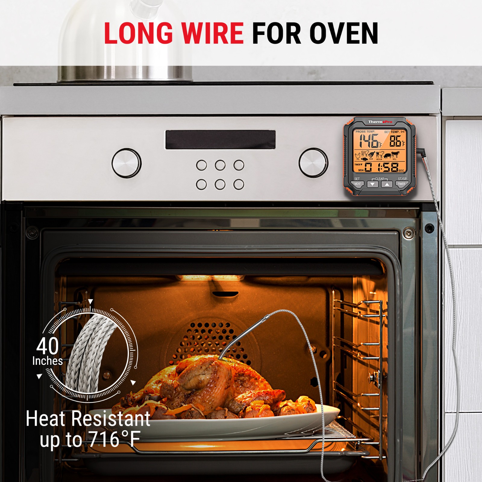ThermoPro TP716 Digital Thermometer Oven Safe Backlit Display Precise CookingBBQ