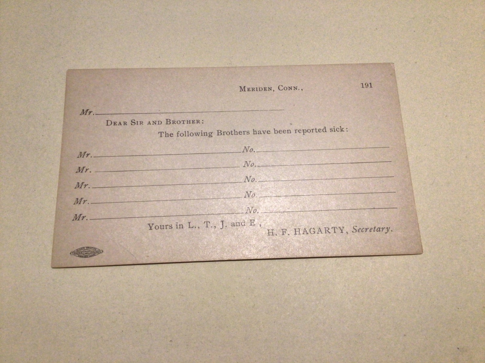 U. S.Meriden Conn trade Union 1910 postal card 67177