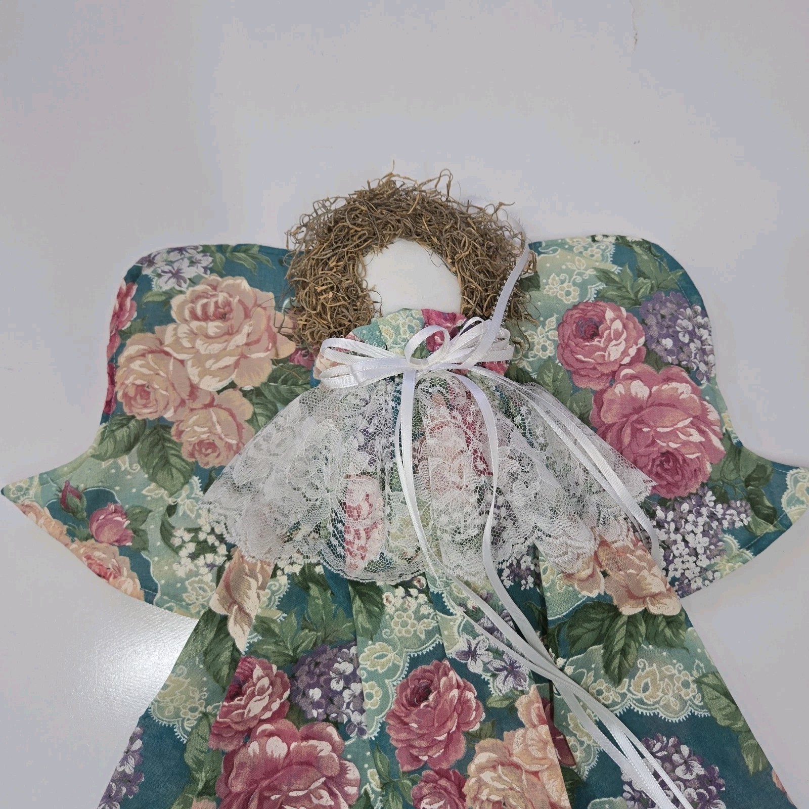 Vtg Hand Made Hanging Holy Angels Fabric Angel Floral Lace Fabric Christmas