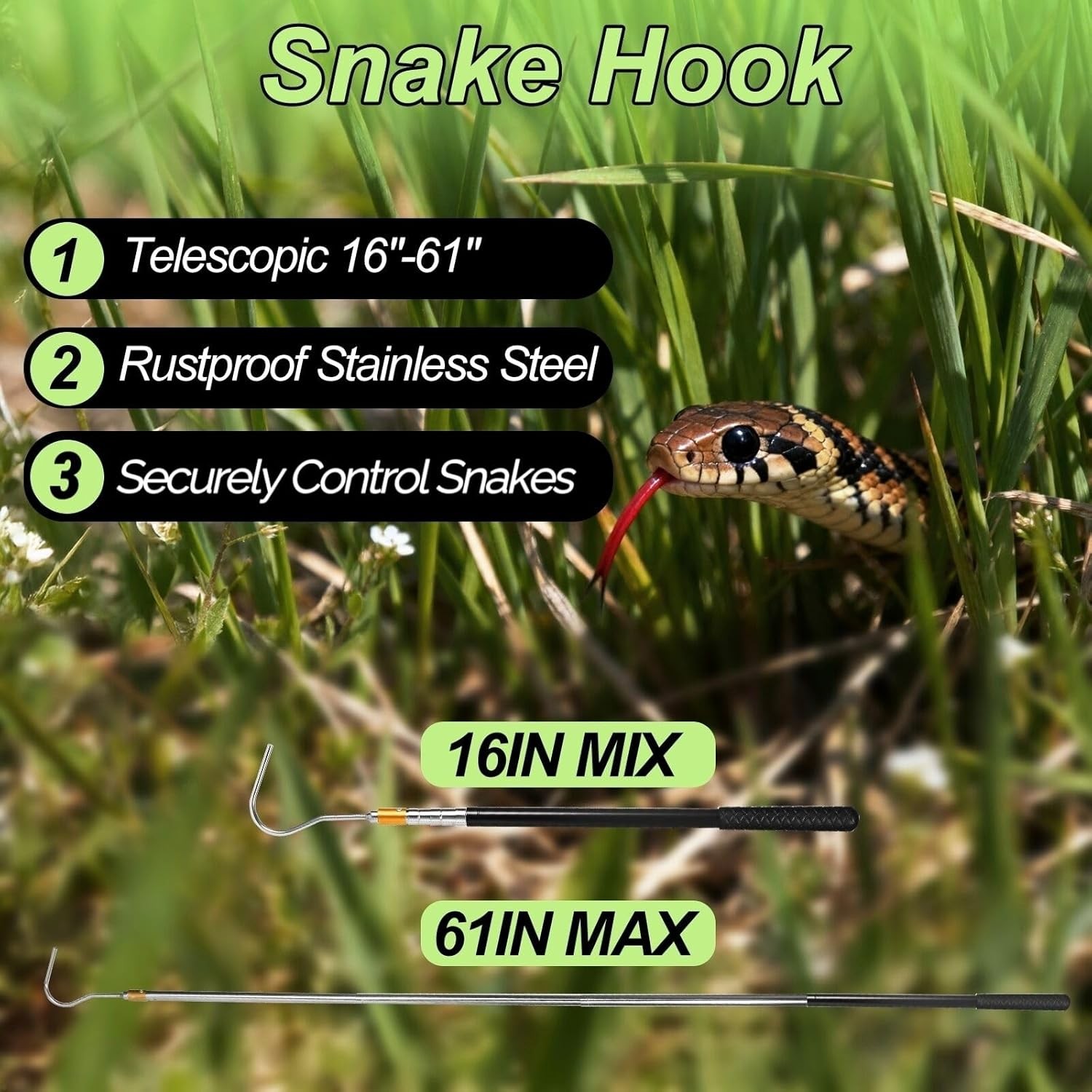 61 inch Snake Hook, Professional Reptile Catcher Handling Tool, Stainless Steel