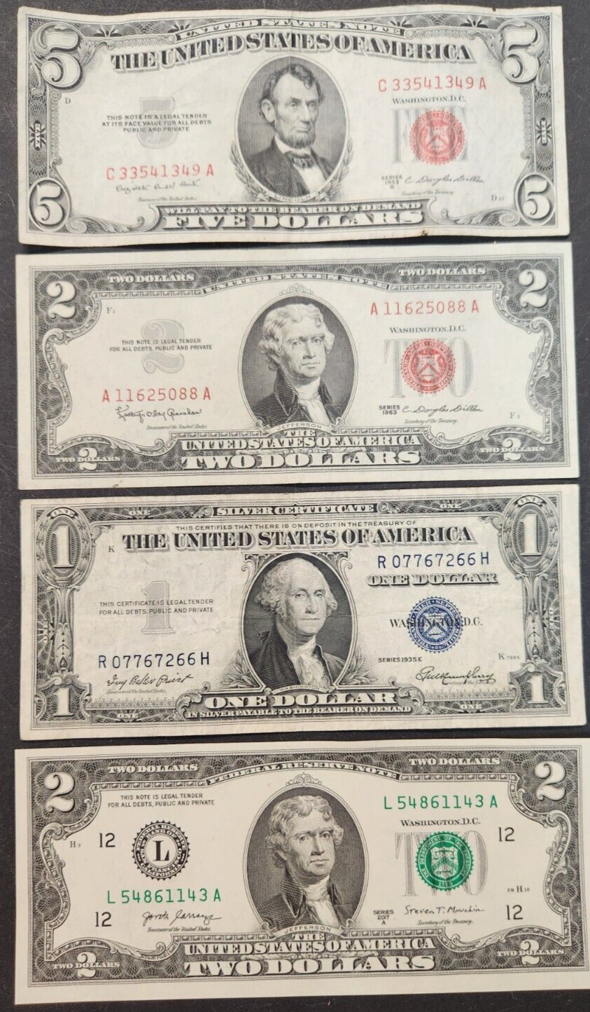 U.S. Bills starter lot $5.00 red seal, $2.00 red seal, silver cert., unc. $2.00