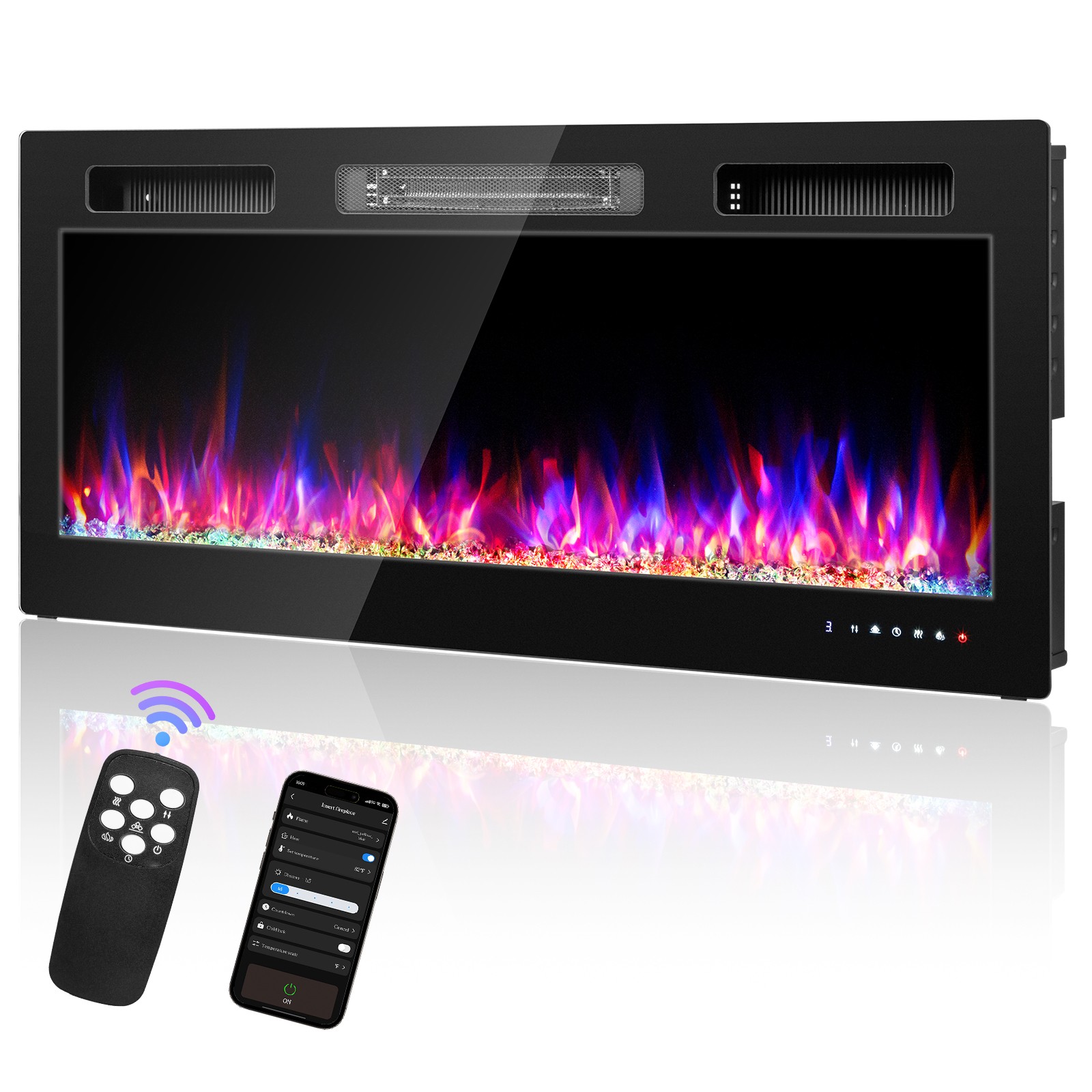 42" Electric Fireplace Insert Wall-Mount Heater 1500W Remote Control & WIFI