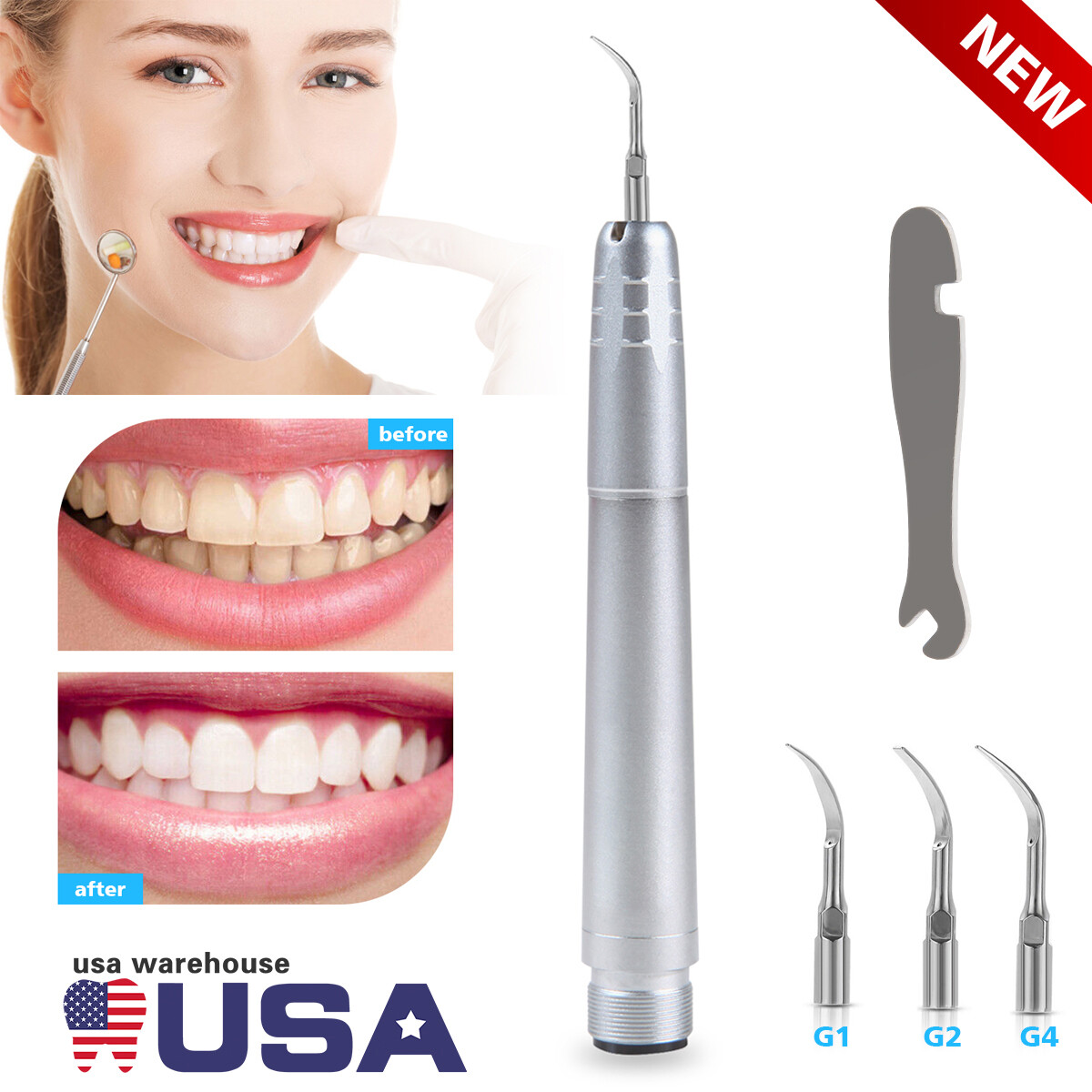 USA Dental Ultrasonic Air Perio Scaler Handpiece Hygienist 2/4-Holes With 3 Tips