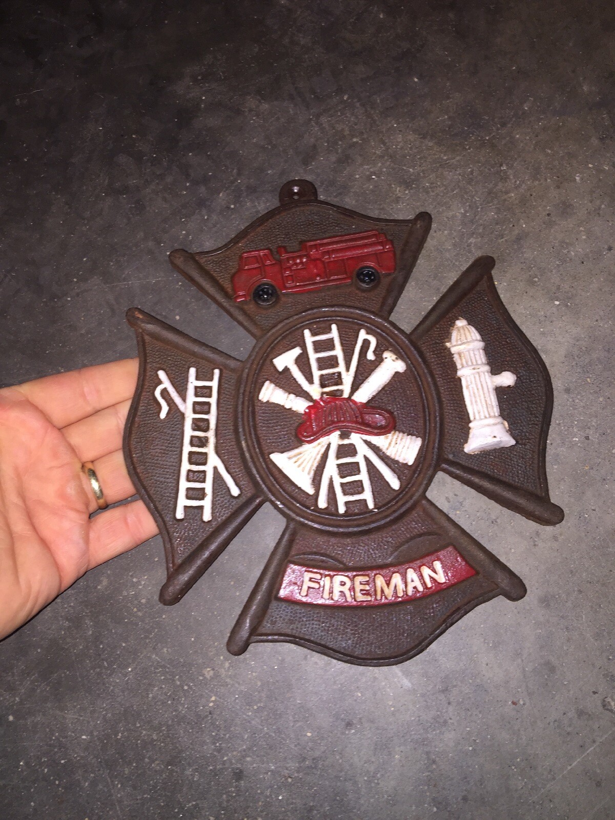 Firefighter Fireman Rescue Cast Iron Sign Plaque Fire Chief Rustic Patina 2+LB