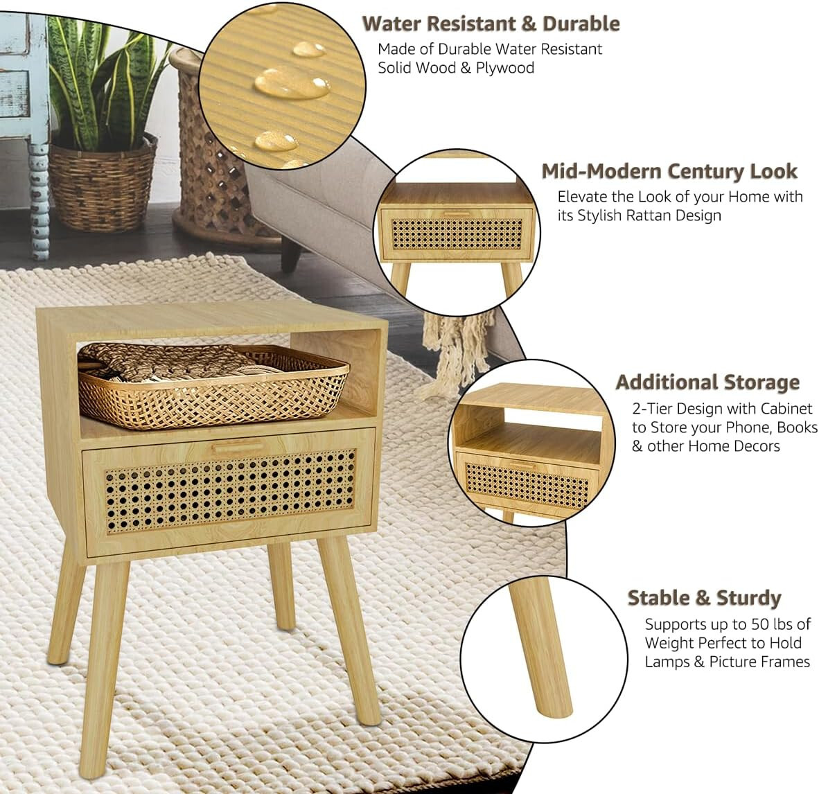 Nightstand with Rattan Door Wooden Bedside Table End Table 1 Drawer Storage