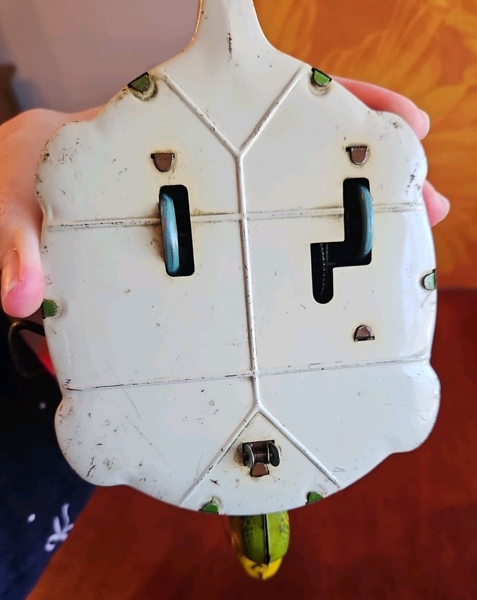 Vintage Antique Tin Toy Wind Up Chein Person Rides Giant Turtle Tortoise Display