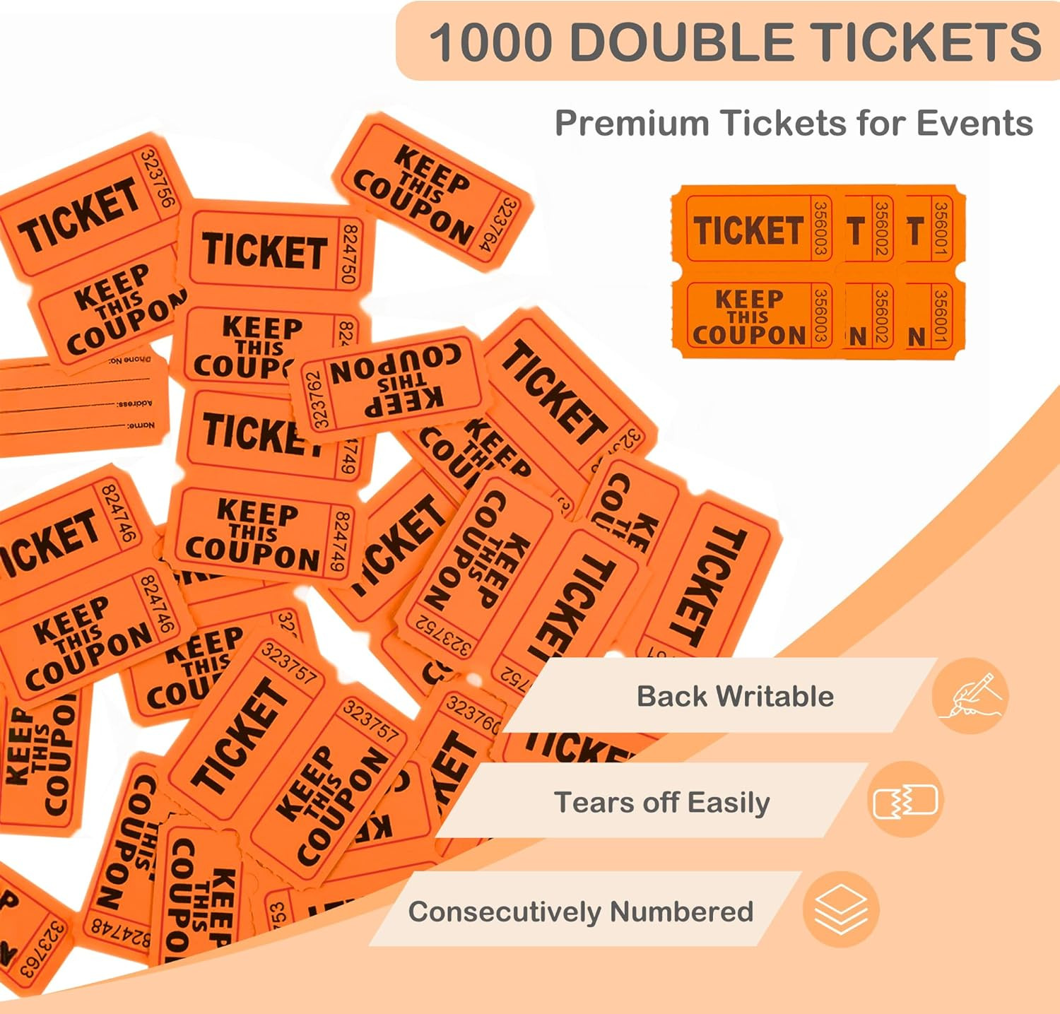 2000 Pcs 1000 Pairs Raffle Tickets, 50/50 Double Raffle Tickets, 250 Double Tick