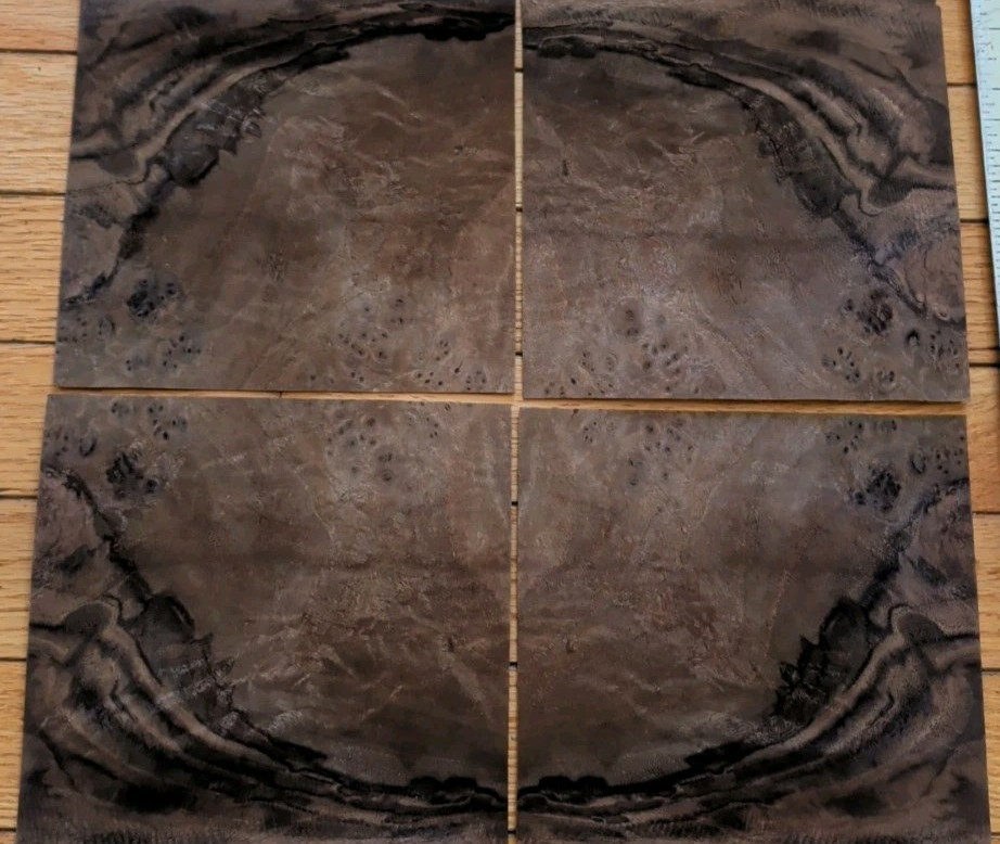 Walnut burl veneer 4 pieces 6" x 6 1/2" each wood 1/42" raw