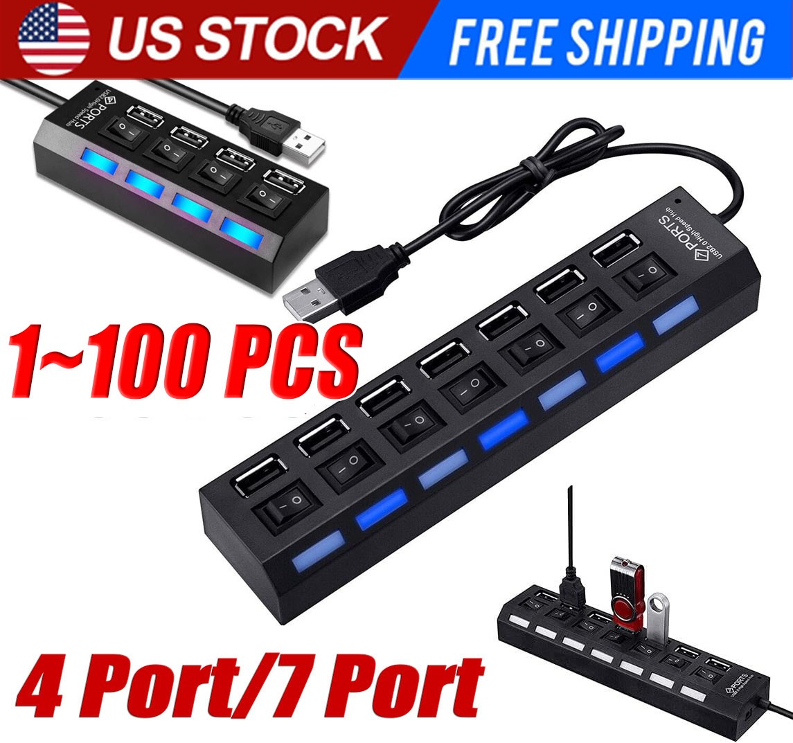 7-Port USB 2.0 Multi Charger Hub +High Speed Adapter ON/OFF Switch Laptop PC LOT