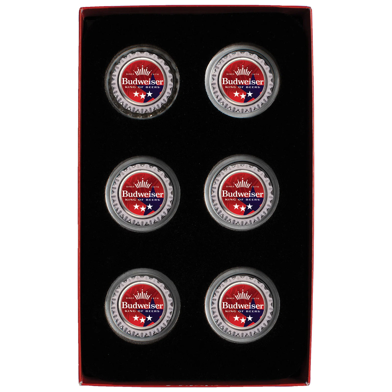 Budweiser Silver Bottle Cap Six Pack with Box - Patriotic