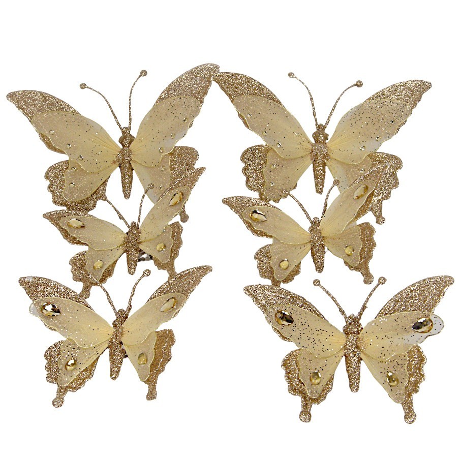 Glittered Gold Butterfly Clip On Craft Decorations Floral 2 Large 4 Medium Set
