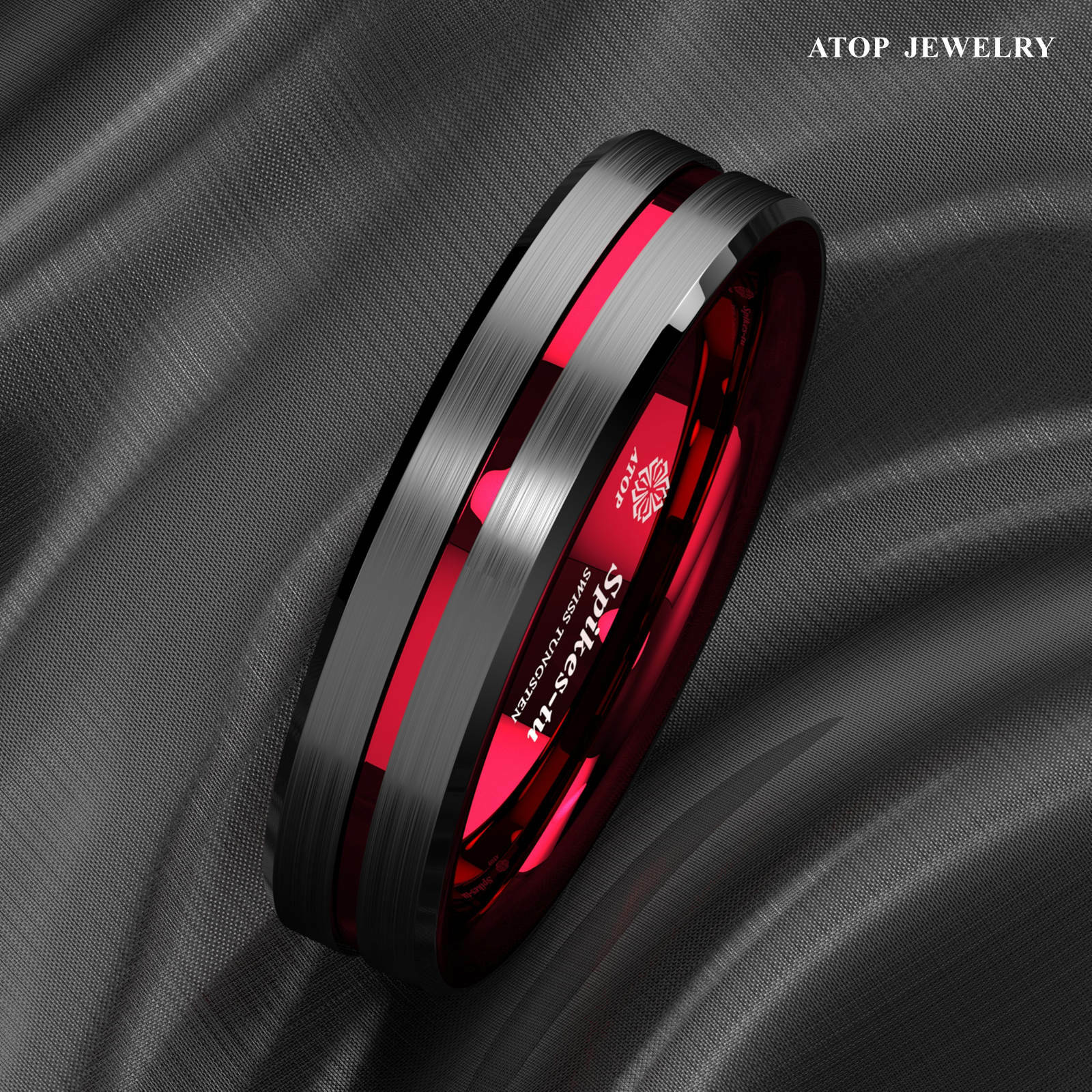 8/6mm Black Tungsten Carbide Thin Red Line Wedding Band Ring ATOP Men's Jewelry