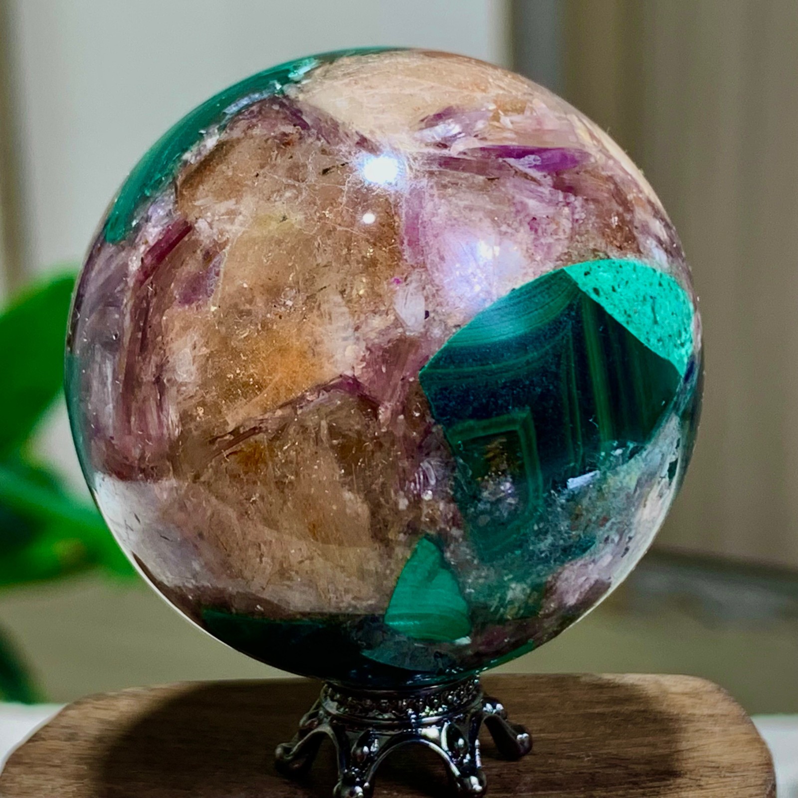 129G Newly discovered rare malachite purple mica symbiotic sphere restoration