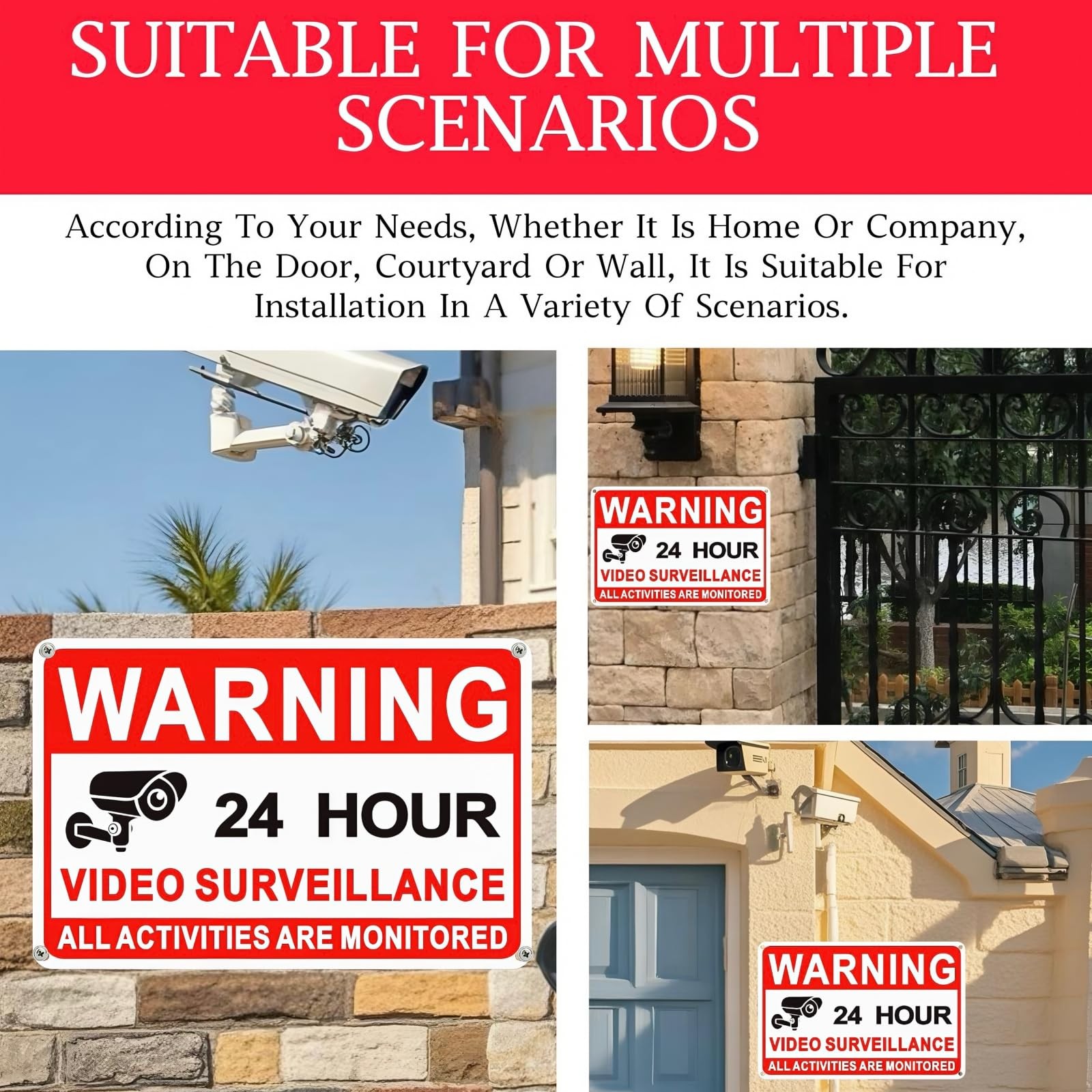 4 Pack Video Surveillance Signs, 8 x 12 Inch Aluminum Camera Signs, CCTV Secu