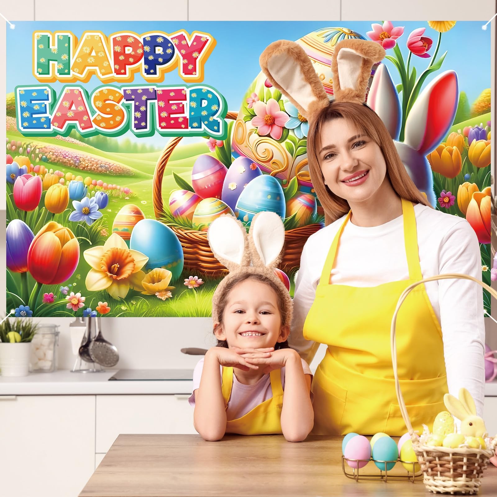 Happy Easter Photo Backdrop Bunny Rabbit 71 inches x 43 inches, Multicolor