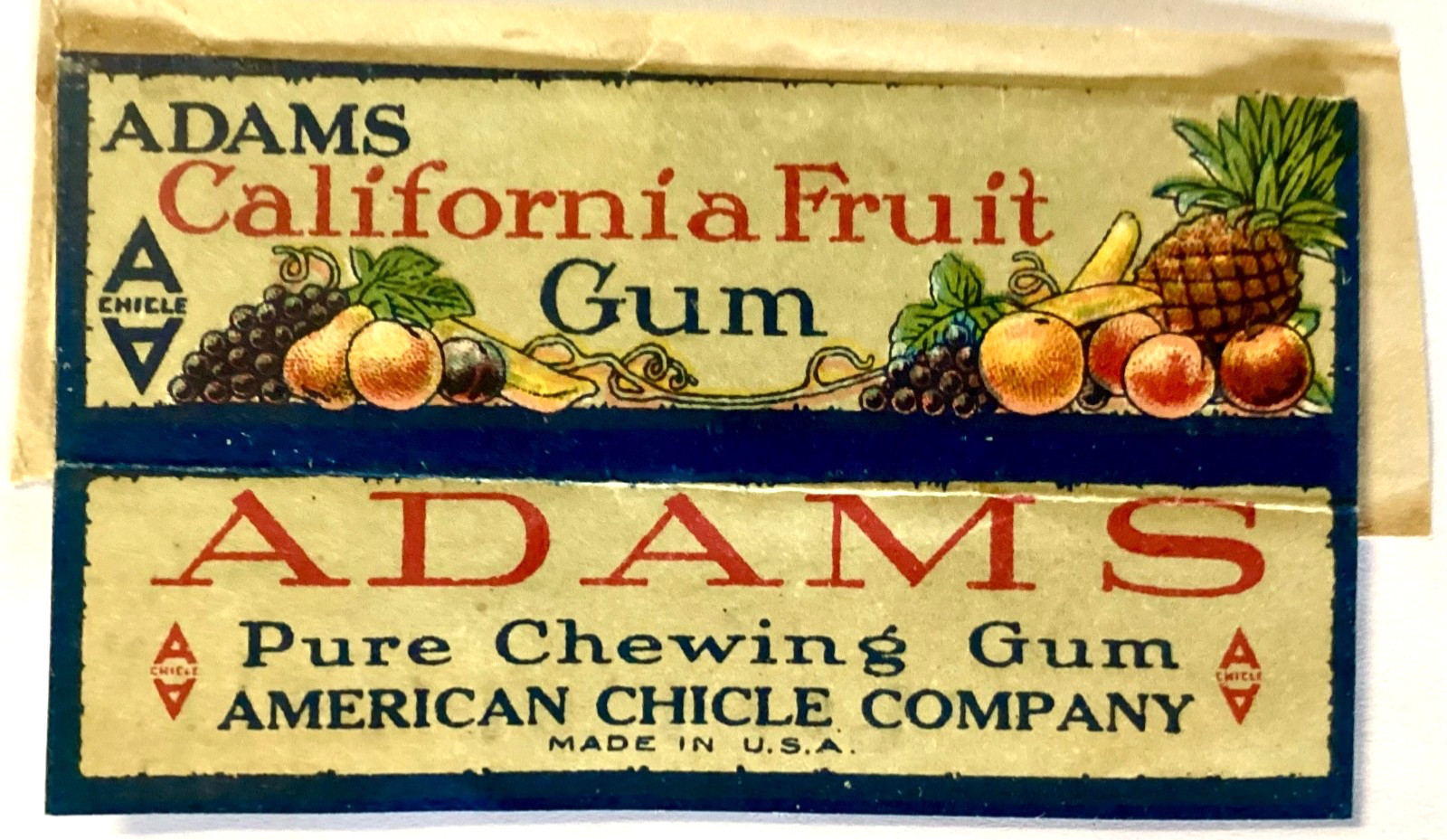 RARE 1919 AMERICAN CHICLE CO- ADAMS  CALIFORNIA FRUIT CHEWING GUM WRAPPER