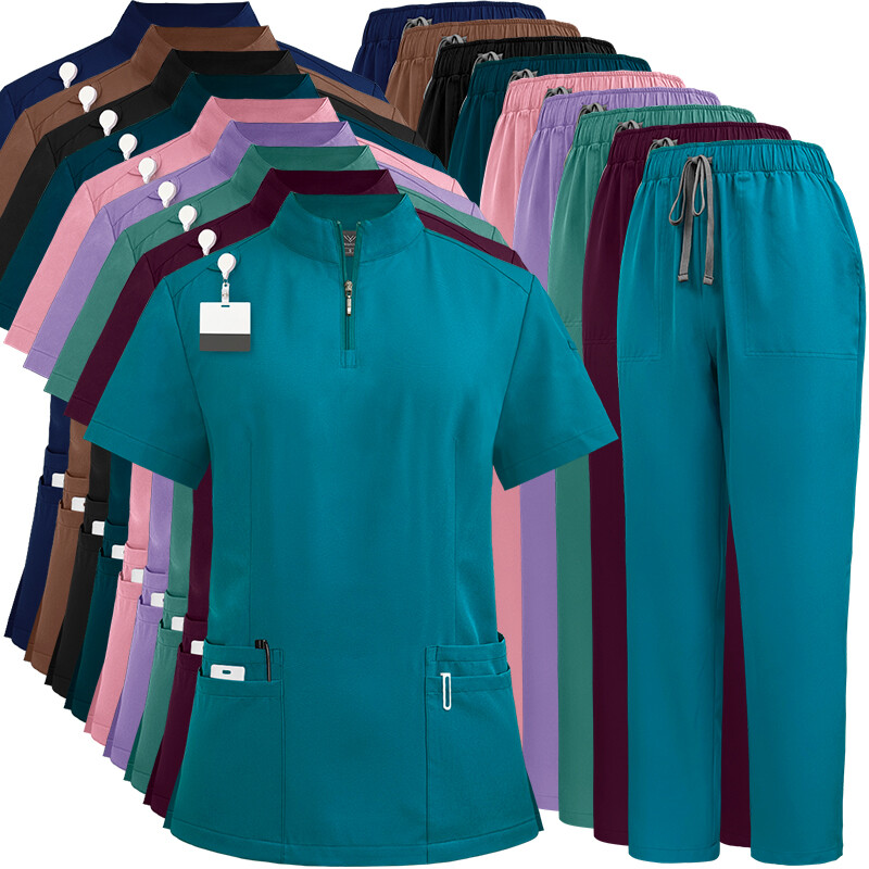 NiaaHinn Scrub Set Women Nurse Uniform Stretch Stand-Up Collar Straight Leg Pant
