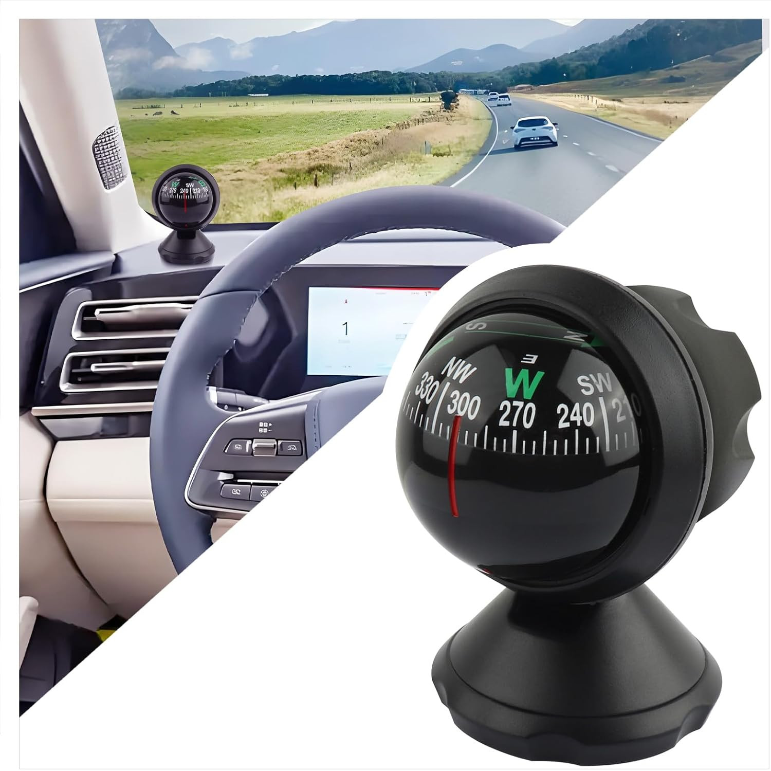 Compass for Car with Bottom Stick Car Compass Ball,Adjustible and Night Vision C