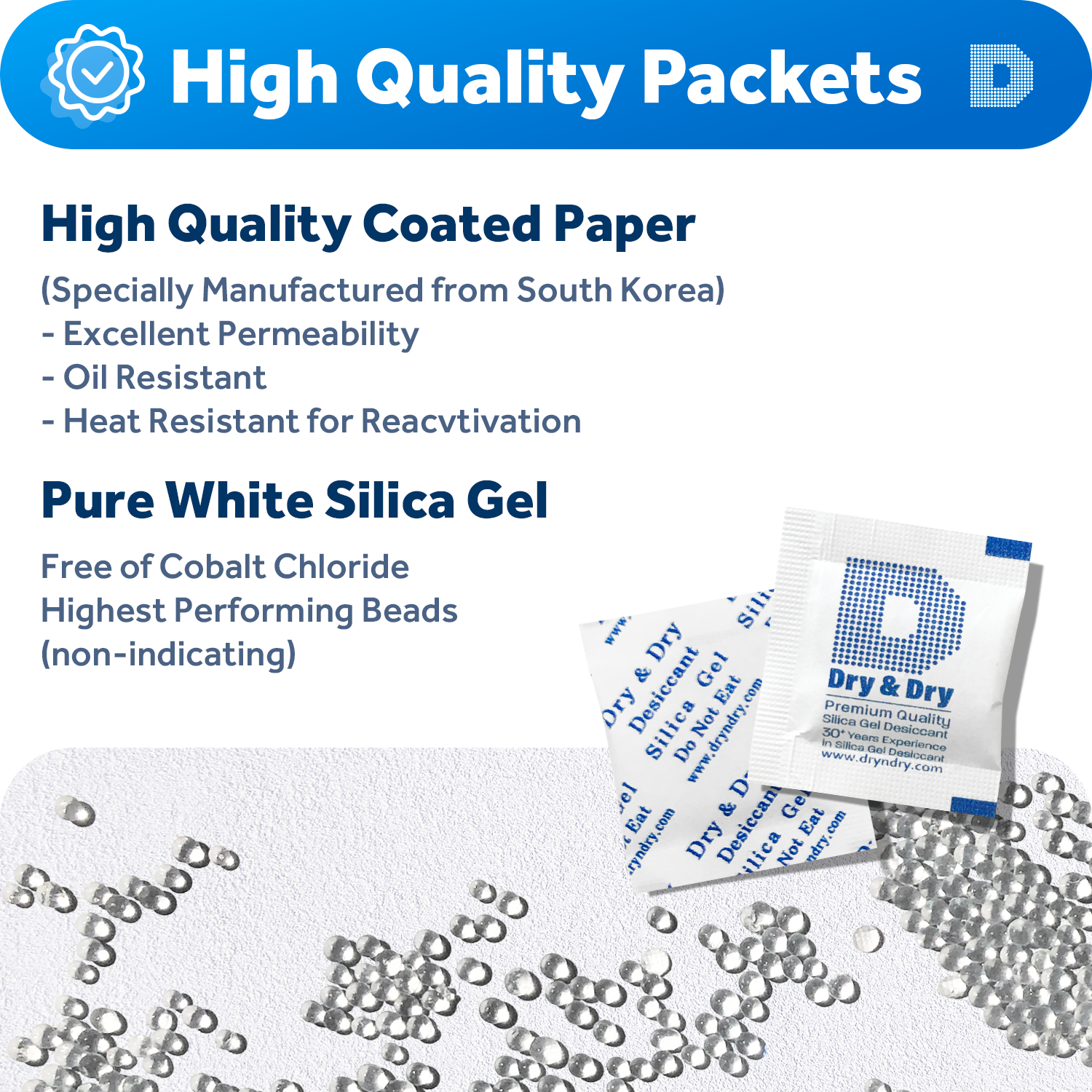 1 gram X 50 PK "Dry&Dry"Silica Gel Desiccant Packets - Reusable(FDA Compliant)