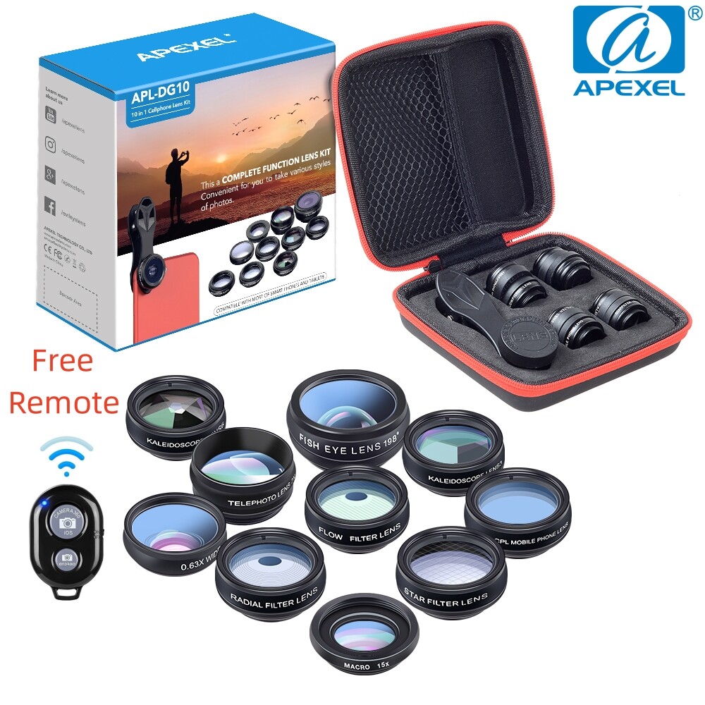 APEXEL 10in1 Phone Camera Lens Kit Fisheye WideAngle 2X Telescope Lens for Phone